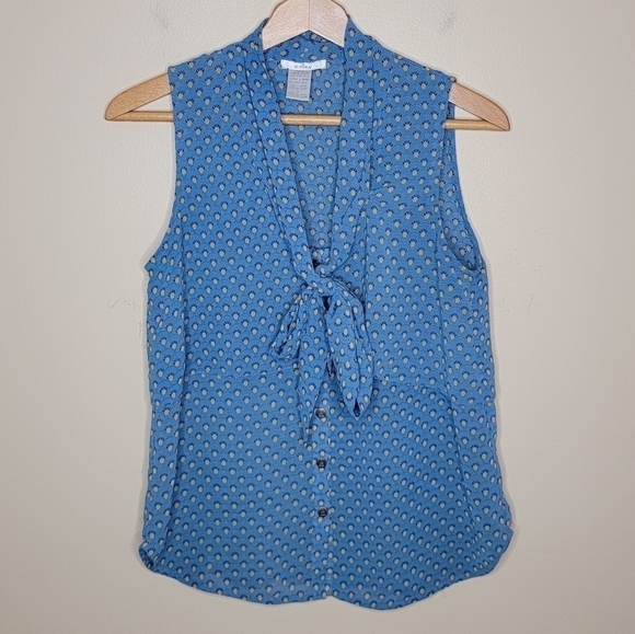 Esley | Blue & Yellow Print Tie Neck Sleeveless Blouse - Picture 1 of 6